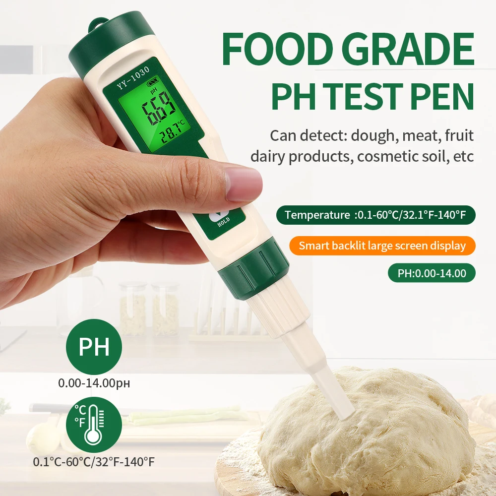 

Professional Food PH Meter 0.00~14.00pH Temp pH Tester High Accuracy Sensor Acidity Analyzer for Meat Canning Cheese Dough Water