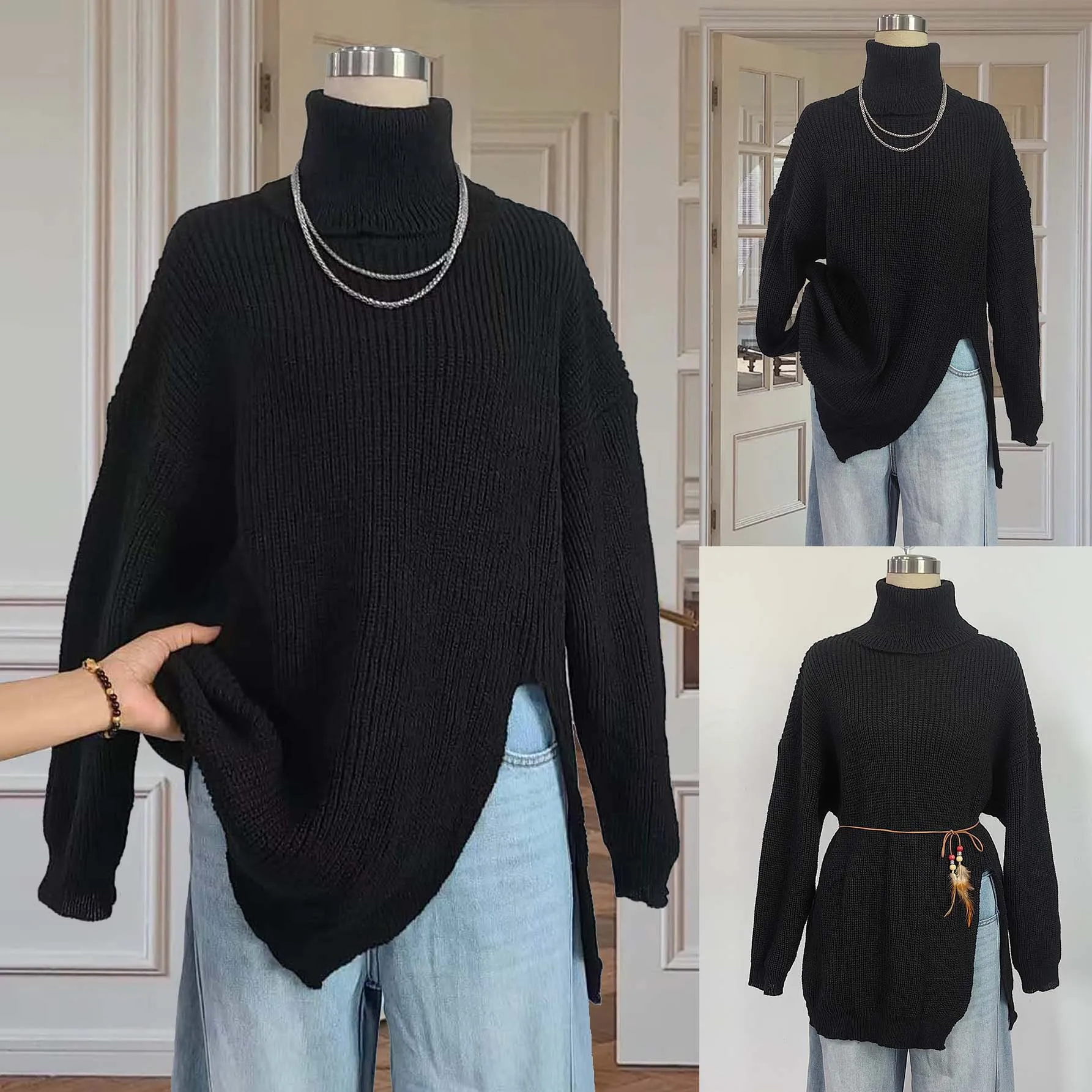 

Ladies Long Sleeve High Collar Loose Fit Overhead Knitwear Split Mid-Length Open Front Large Size Women's Fashion Top A888