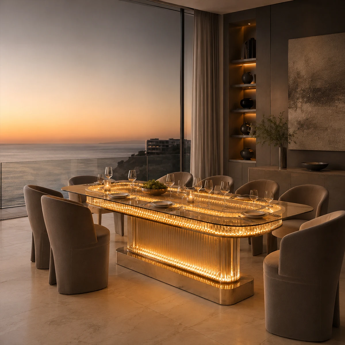 Modern Oval LED Light Dining Table Stainless Steel Frame Crystal Strip Glass Countertop Dining Table Suitable For Villa Family L