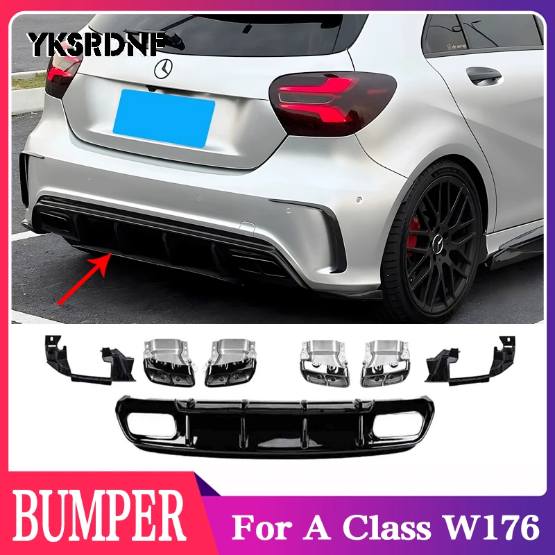W176 A45 Heckstoßstange, schwarzer Diffusor mit 4-Auslass-Auspuffspitzen für Mercedes A-Klasse W176 2013–2018 A160 A180 A200 A250 AMG Sport