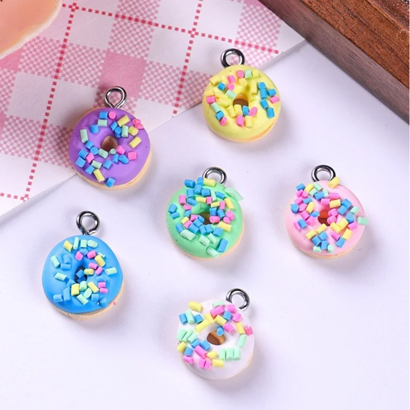 10Pcs Cute Sprinkled Donut Resin Charms Miniature Food Pendants DIY Jewelry Making Keychain Earrings Necklace Accessories Hook