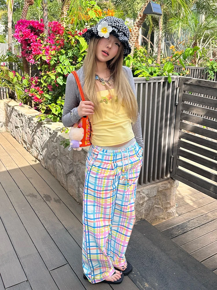 

Retro American Casual Pants Women Summer Plaid Dstring Straight Leg Wide Leg Loose Lazy Loose Long Trousers