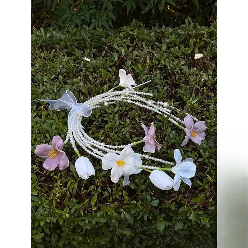 Tulip Pearl, Waterfall Hand Bracelet Flower Bride Wedding Bouquet Photo Accessories