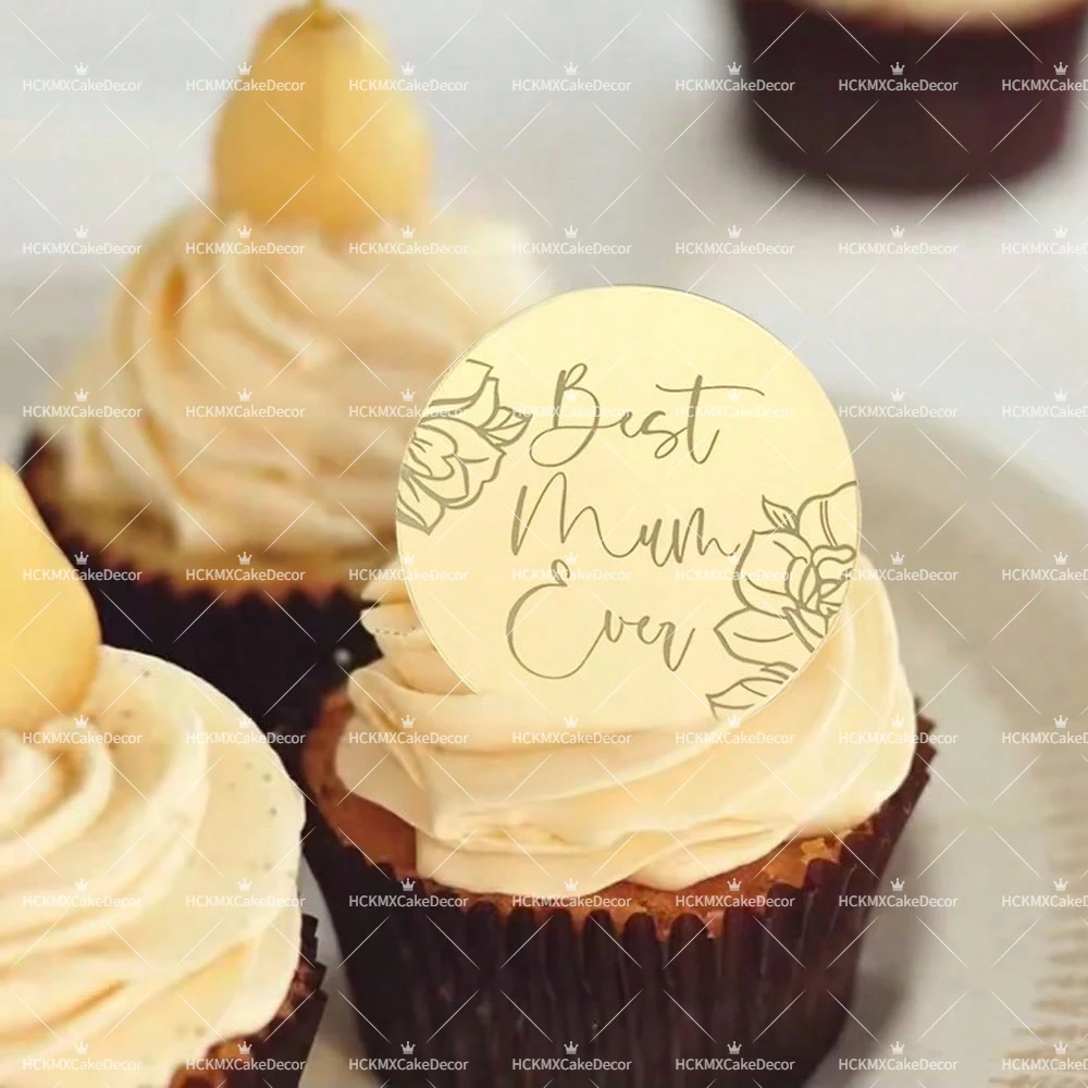 5 Stück Muttertags-Cupcake-Topper aus Gold-Acryl, runde Aufsätze mit der Aufschrift „Happy Mother's Day“ für Party-Kuchendekorationen