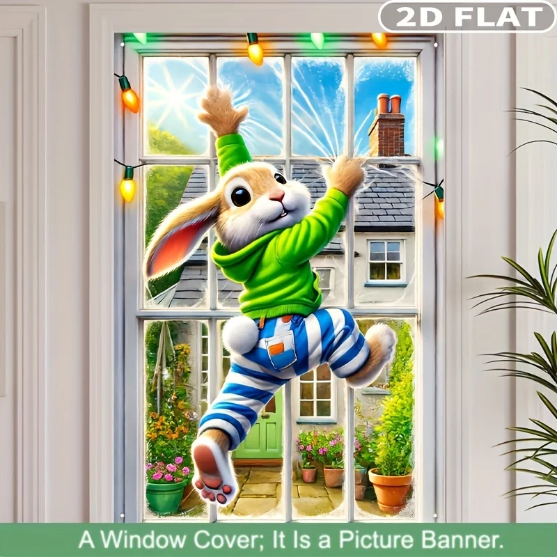 2D Flat 1pc Easter Bunny Window Banner, Rabbit Window Cling - 80x120cm Durable Polyester Flag, Easy Hang, No Power Needed