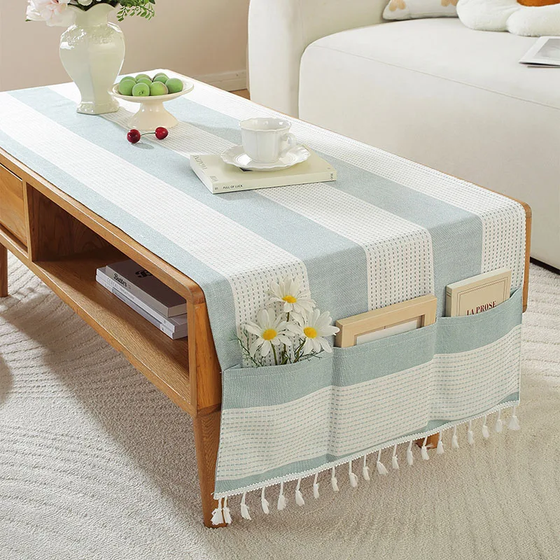 Nordic Plain Striped Tablecloth with Pockets Modern Decorative Dust-Proof Tassel Table Cloth Dirty-Resistant Desk Pad Towel