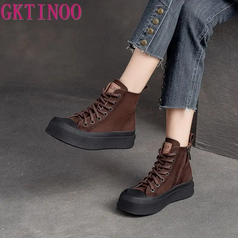 

GKTINOO Genuine Leather Women Boots Retro Shoes Lace-Up Flat With 2023 New Autumn Winter Concise Square Toe Ladies Boots