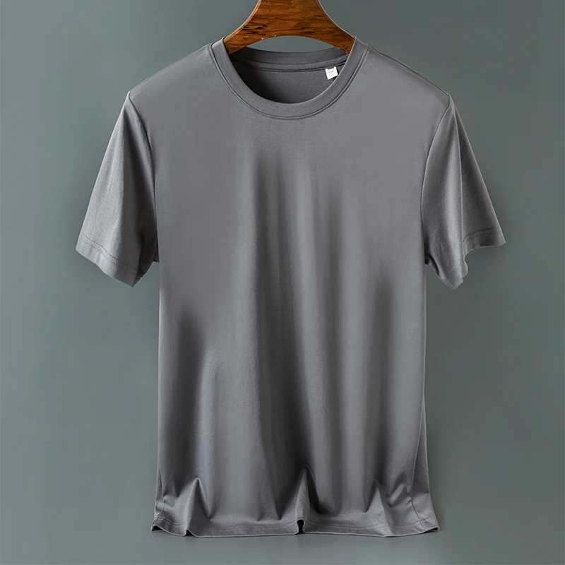 2024 Summer 100% Mercerized Cotton Men Silk T-shirts O-Neck Short Sleeve Loose Straight Tops Simple Casual Tees For Minimalist