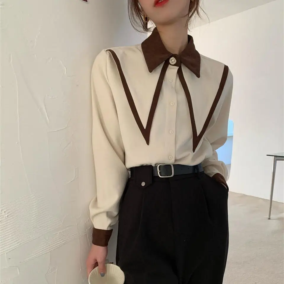 Long sleeved shirt Spring and Autumn new style Korean  color blocked collar fashionable loose and slim top for women