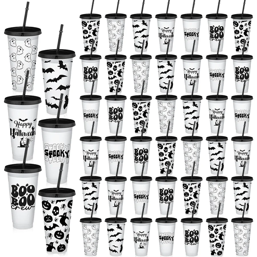 

48pcs Water Bottles, Halloween Plastic Cups with Lids and Straws - 24 oz Reusable Drink Cups for Halloween Party Supplies
