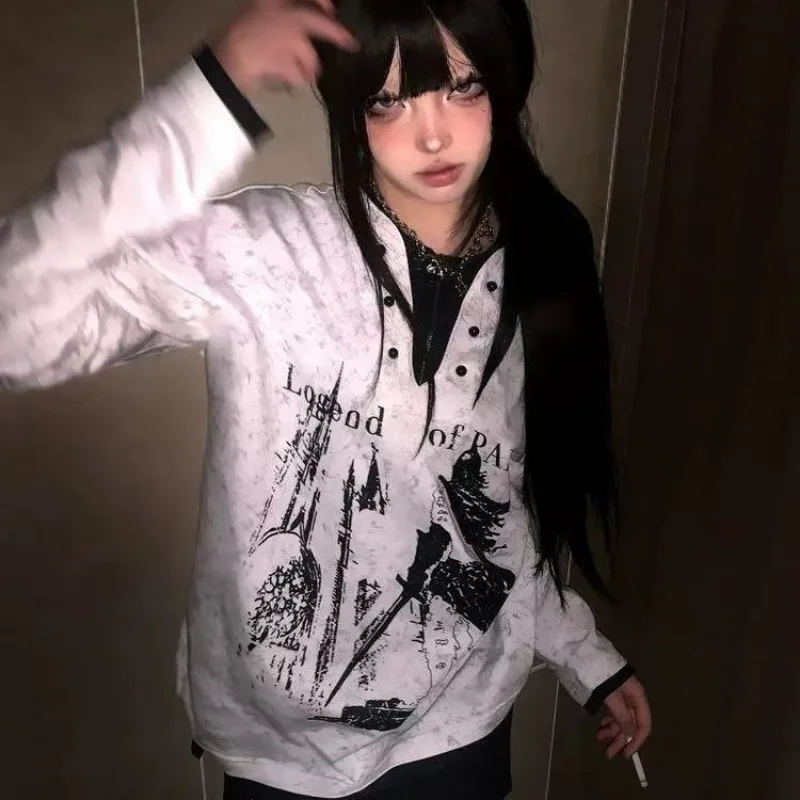 Grunge Fake Two Pieces Patchwork Hoodie Long Sleeves Men's and Women's Tops Gothic Tees Grey Spring Autumn Pullover Streetwear