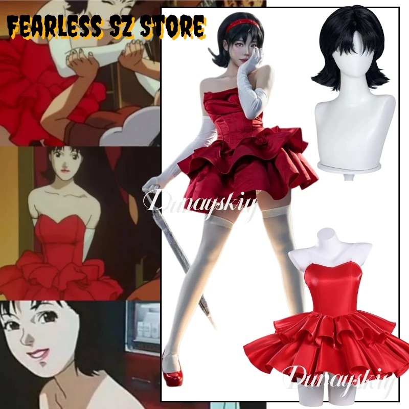 Disfraz de Anime perfecto azul Mima Kirigoe, peluca roja sin tirantes, traje de ídolo, disfraz de escenario con volantes en capas para mujeres y niñas