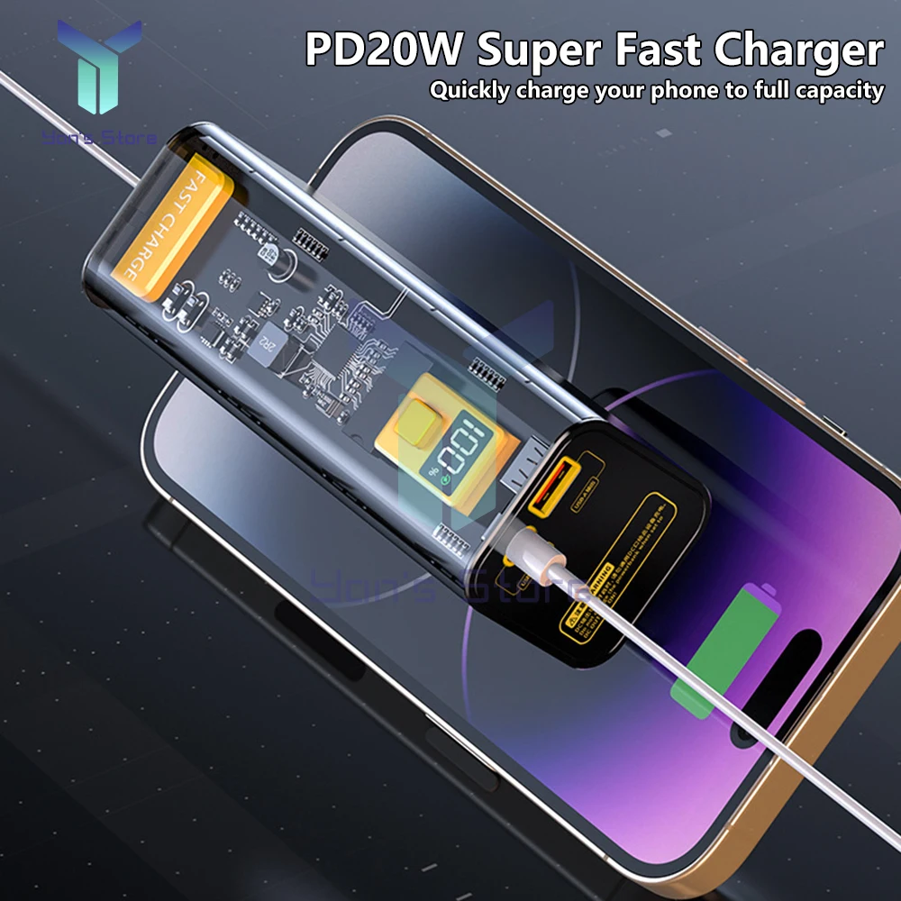 Two-way PD22.5W QC 40000mah Transparent LED Digital Display Multiprotocol Charge Phone Laptop Fast Charge Power Bank Kit