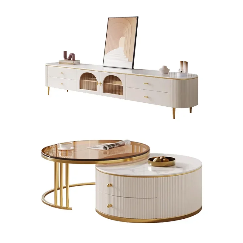 

Tempered glass coffee table TV cabinet combination, living room modern light luxury retractable rock slab, round tea table