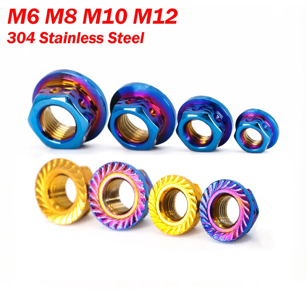 304 Stainless Steel With Burnt Blut/Glod Colour Flange Hex Nut M6 M8 M10M12 Motorcycle Housing Screws For Bicycle Motorcycle Car
