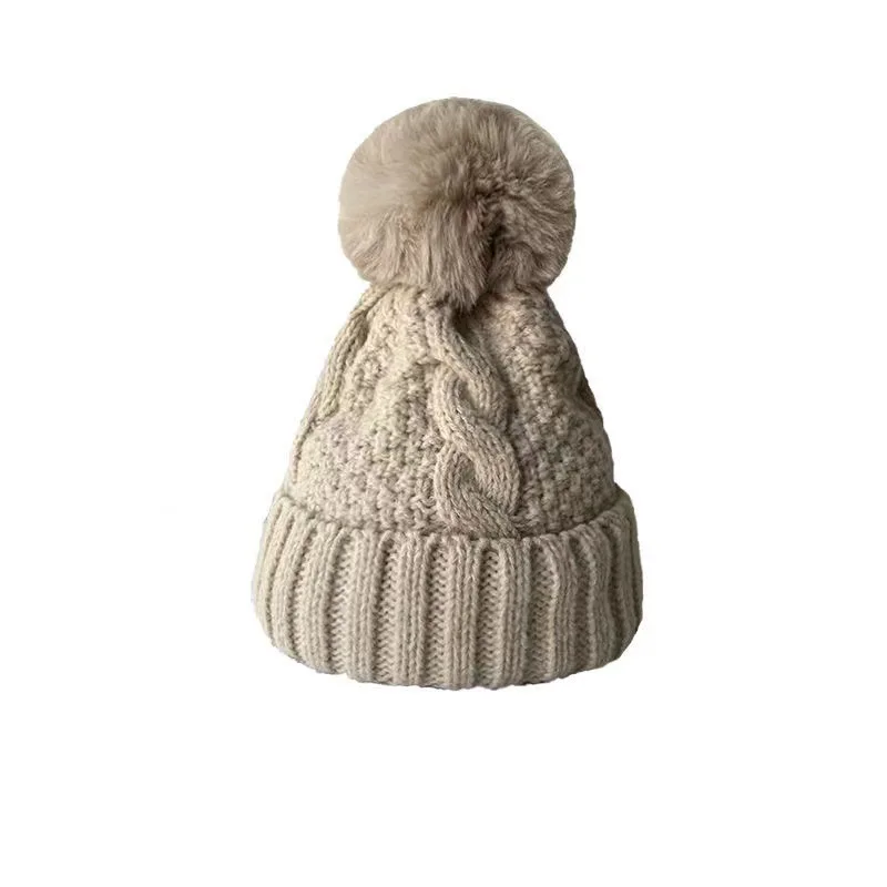 Autumn Winter Keep Warm Knitted hat Women\'s Hat Fur Ball All-Matching Cute Wool Hat Fleece Lined Thickened Outdoor Cycling Cap