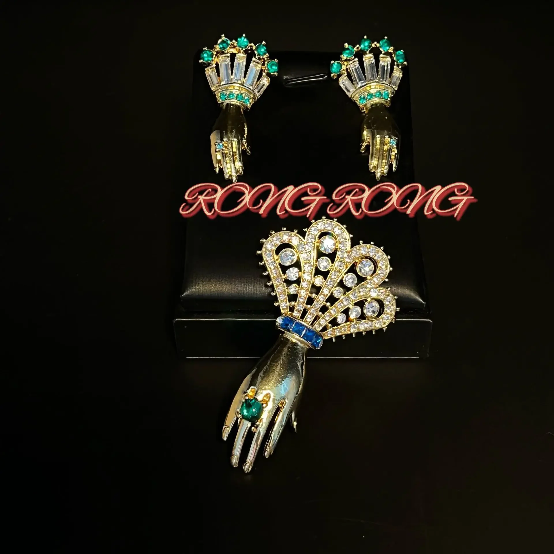 

Medieval Vintage Marked Gold God's Hand Earrings and Brooch Set Western Retro Jewelry
