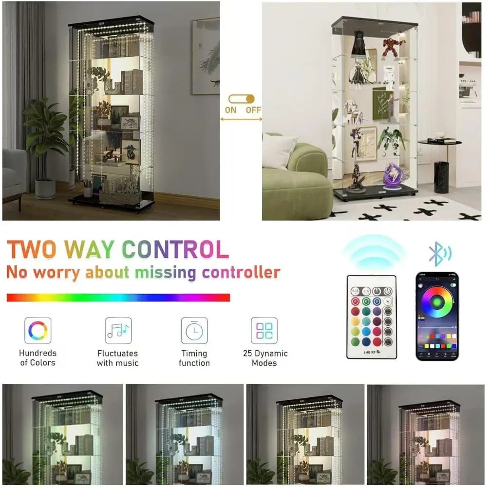 Bluetooth LED Lighted 5-Tier Glass Display Cabinet, 2-Door Floor Standing Curio with Universal Wheels
