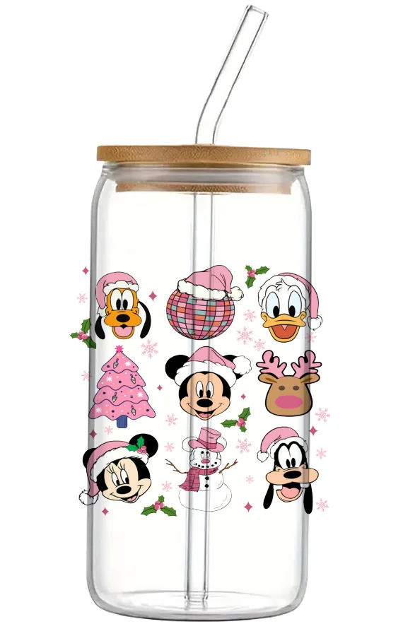 Disney Christmas Mickey Cute Design UV DTF Transfer Sticker Waterproof Transfers Decals For 16oz Glass Cup Wrap Stickers 11x11cm