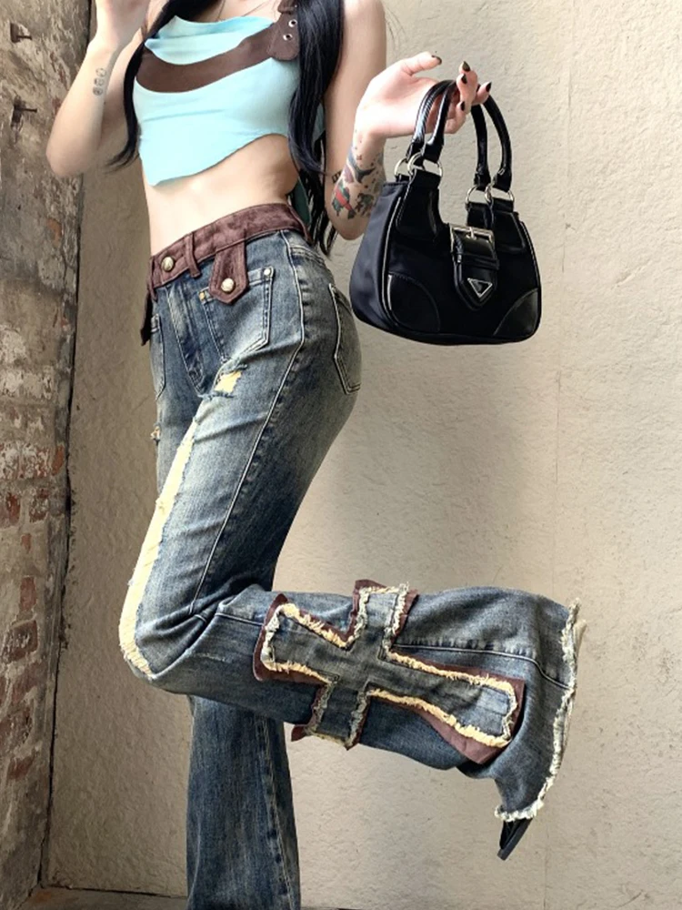 

Women Vintage Blue Flare Jeans Y2k Wide Leg Denim Pants 90s Aesthetic Baggy High Waist Jeans Korean Trousers Clothes