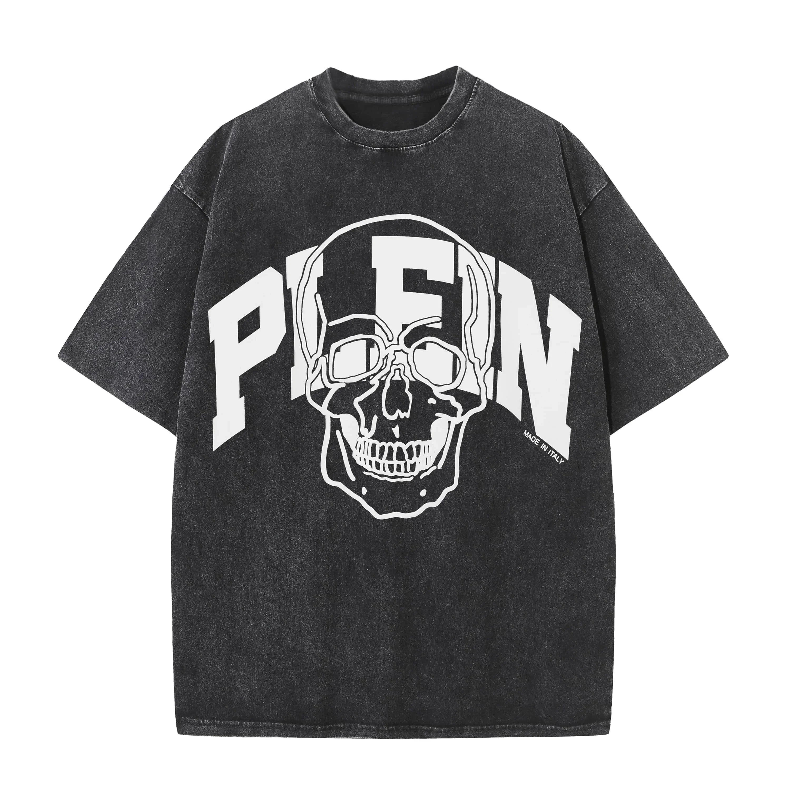 

2025 American retro washed old heavy cotton solid color short-sleeved Tshirt summer loose top tide washed T-shirt pp skull