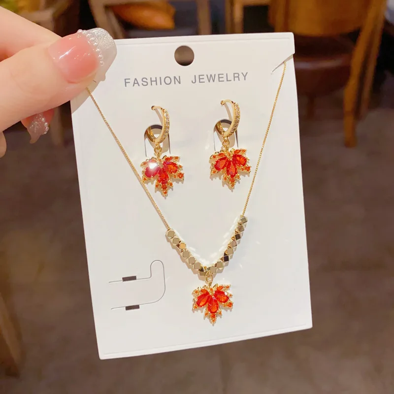 Korean Version Fashion Light Luxury High-end Full Rhinestones Red Maple Leaf Temperament Versatile Necklace Earring Set.