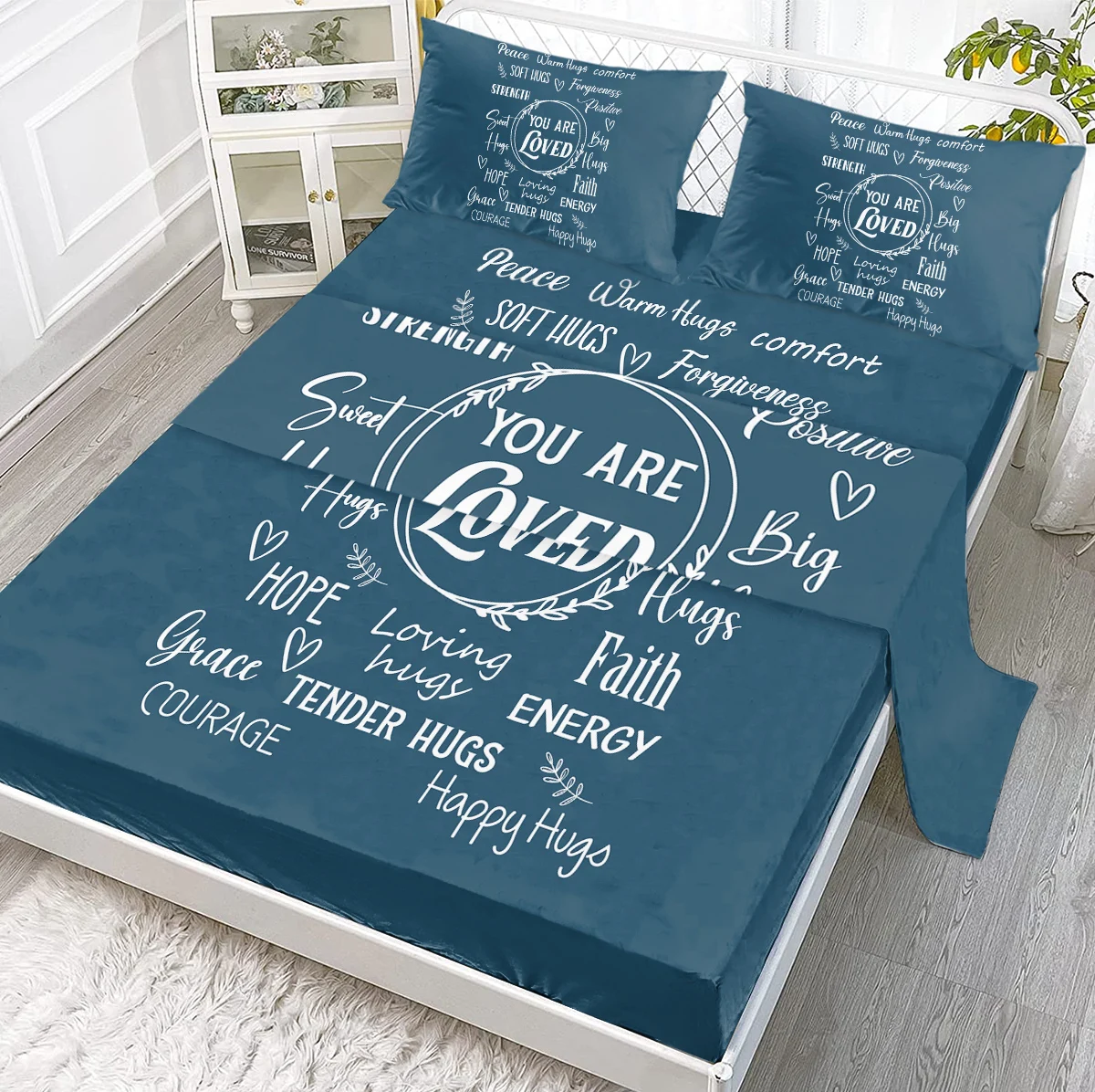 

You are Loved on Blue Background Pattern Sheet Set 4 Piece Extra 1 Fitted Sheet, 1 Flat Sheet, 2 Pillowcases
