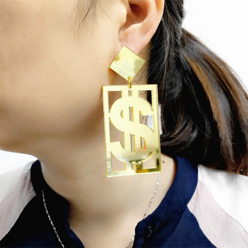 Fashion Jewelry White Black Mirror Gold Color Big Drop Earrings for Women HipHop Rock Dollar Square DJ DS Accessories