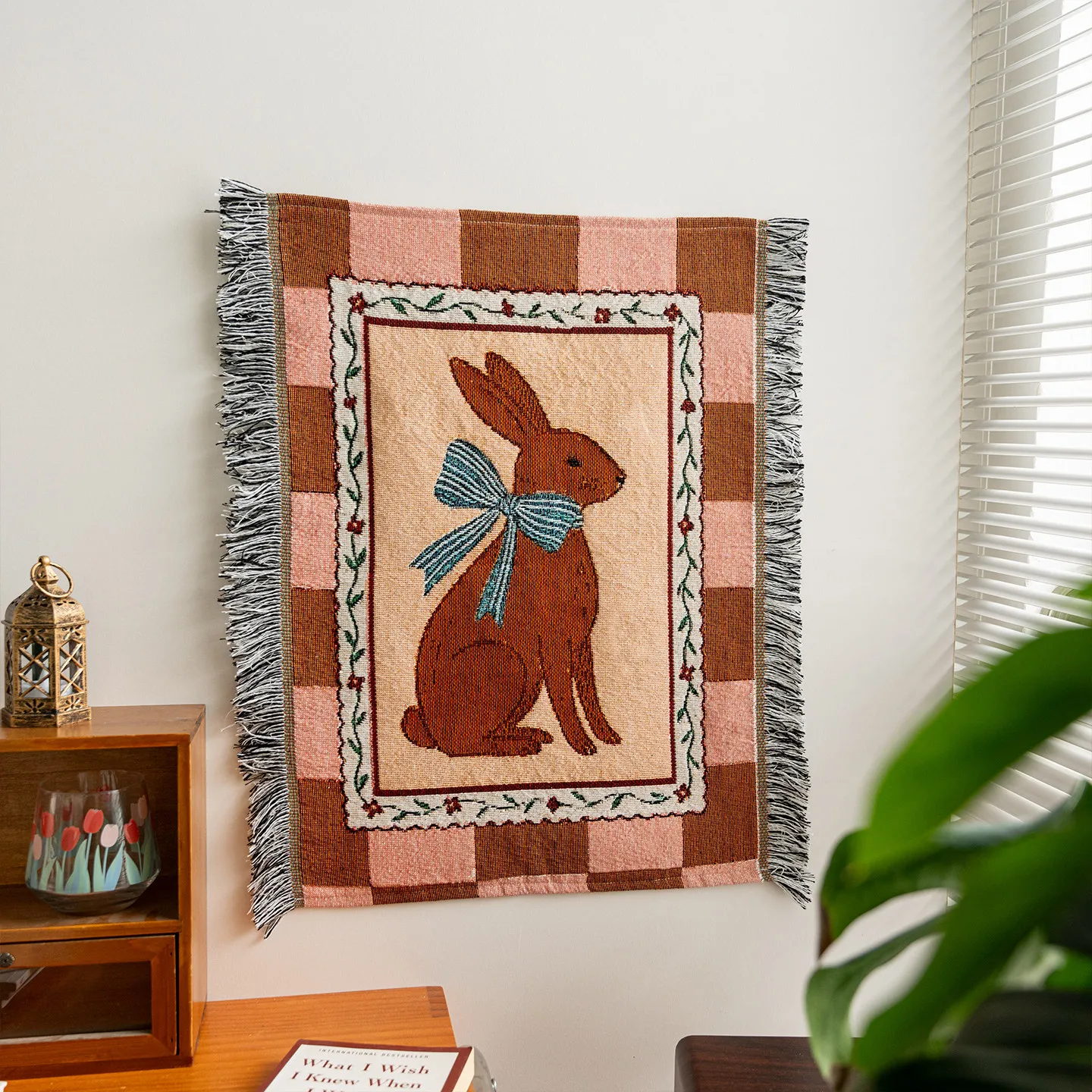 Cartoon Rabbit Illustration Fabric Wall Art, Linen Hanging Tapestry with Tassels, Whimsical Bunny Canvas, Textile Wall Decor