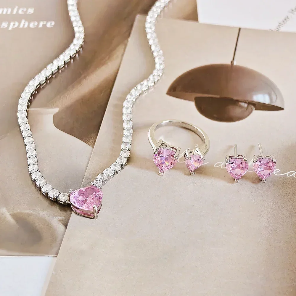 Moonso Luxury Pink Color Heart Jewelry Set for Women Lady Valentine\'s Day gift Jewelry Wholesale e4877-r8107-x8320
