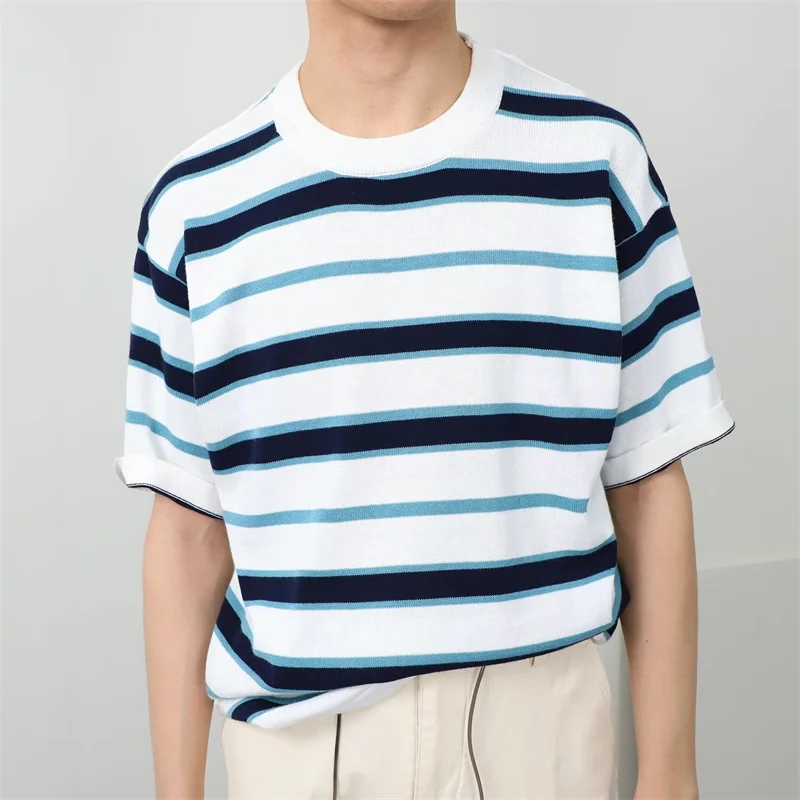 New Short Sleeve Knit Striped T-shirts For Men Casual Cotton Base Shirt 2024 Summer Oversized Y2K Tee Tops Streetwear Clothes