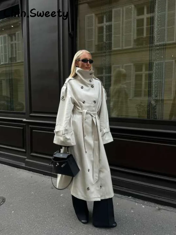 

Elegant Belt Long Trench Coat Women Loose Stand Collar Full Sleeve Double Breasted Coats 2025 Autumn Lady Street Outwear New ﻿