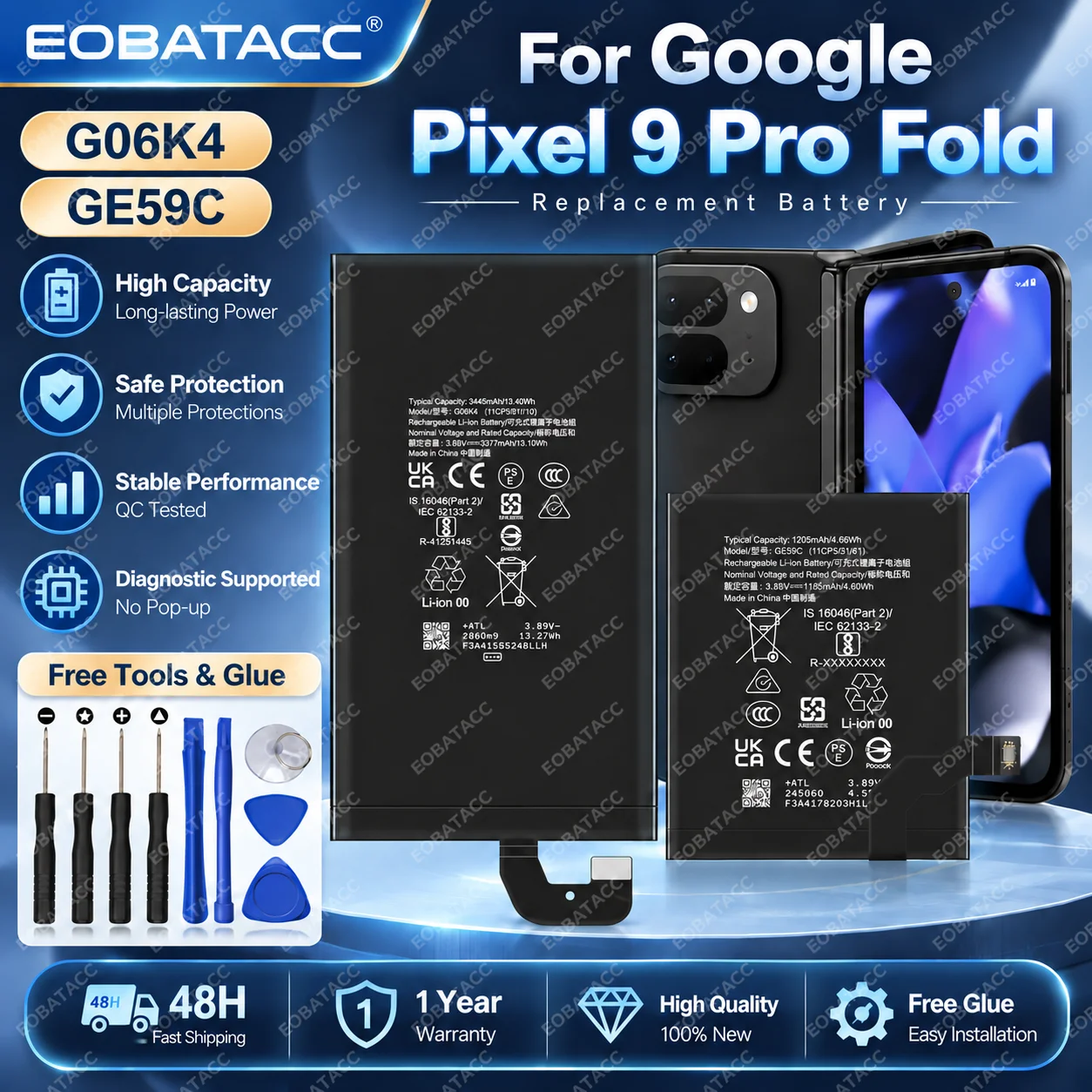 New High Quality Safe Durable G06K4 GE59C Battery For Google Pixel 9 Pro Fold Replacement Long Lasting+Free Tools