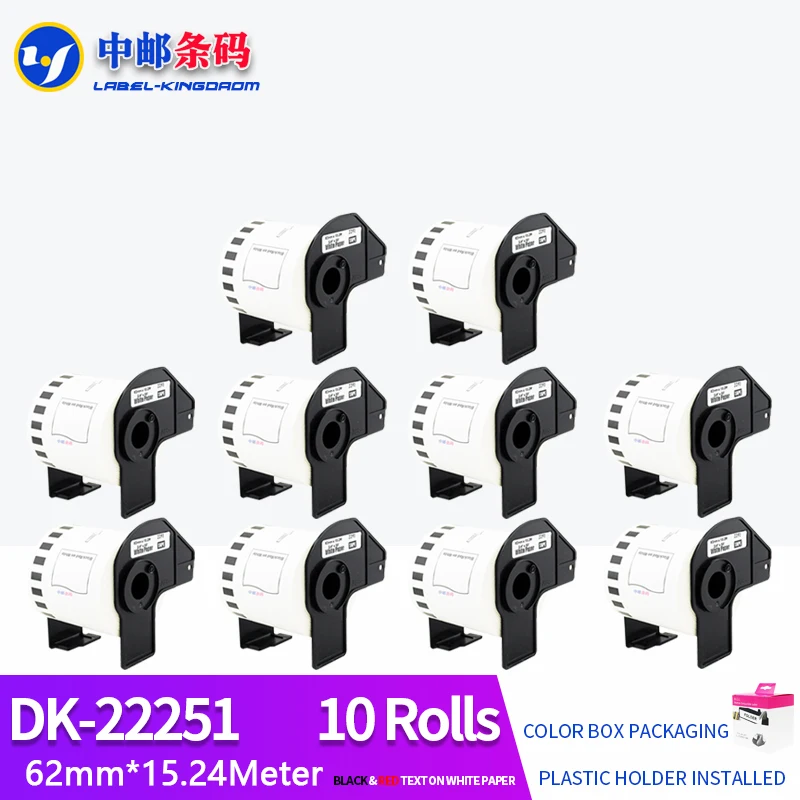 10 Rolls Brother Compatible DK-22251 Red/Black Double Color Label For QL-800 62mm*15.24M