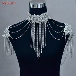 TOPQUEEN Hollow Out Long Tassel Shoulder Chain Bridal Wedding  Multilayer Crystal Shawl Wedding Necklace Jewelry SG01