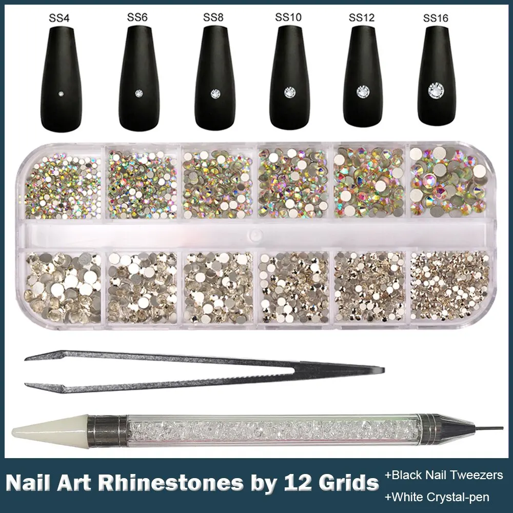 12 grids multimaten nail strass set kristal ab heldere edelstenen met kristal pen clips voor diy nail art decoraties