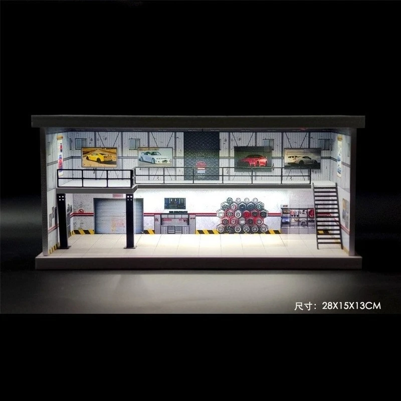 

Diorama 1/64 Scale Car Garage Showroom Model LED-Illuminated Maintenance Workshop Car Parking Lot Scene Display Model