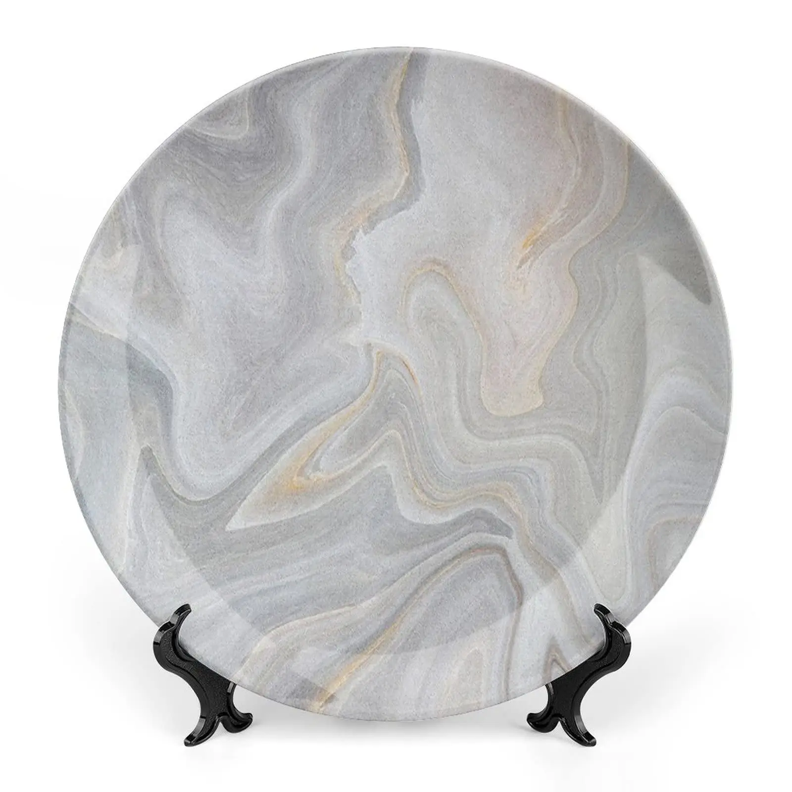 Decorative Plate, Marble Ceramic Plate, Nature Stone Color Splash Paintbrush Technique Vintage Print Ceramic Wall Hanging