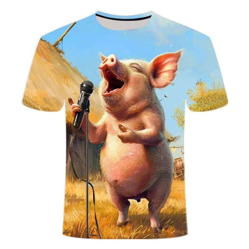 

Funny Singing Pig T-shirt Men's Clothing Short Sleeves Round Neck T Shirt 3D Printed Animal Summer Casual Fashion Children Tees