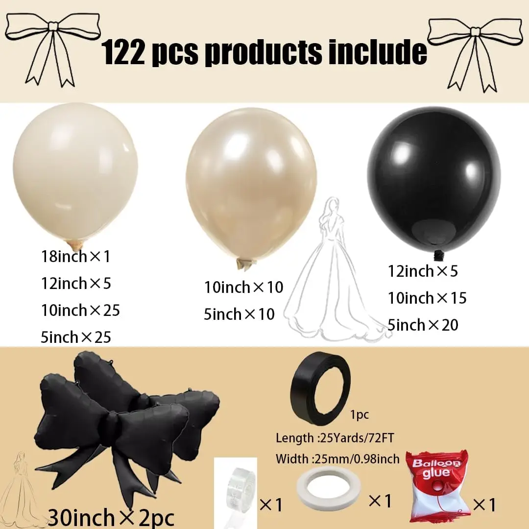122 Stück schwarze Schleife Geburtstagsparty-Dekorationen mit perlweißen Luftballons für Mädchen, Kokette, Geburtstag, Hochzeit, Brautparty-Dekoration – Detail 2