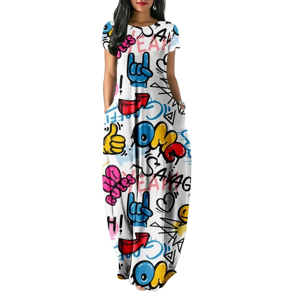 

Street Graffiti Print Women Casual Short Sleeve Dress Loose Long Double Pocket Beach Vacation Dress-Woman Dress-