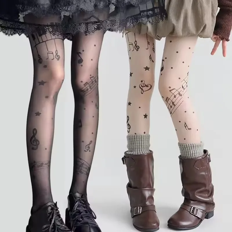 Y2K Lolita Strumpfhose Vintage Noten-Klavier-Print Strümpfe Sexy Damen Koreanischer Stil Hochelastische Strumpfhosen Clubwear Party-Strumpfhose