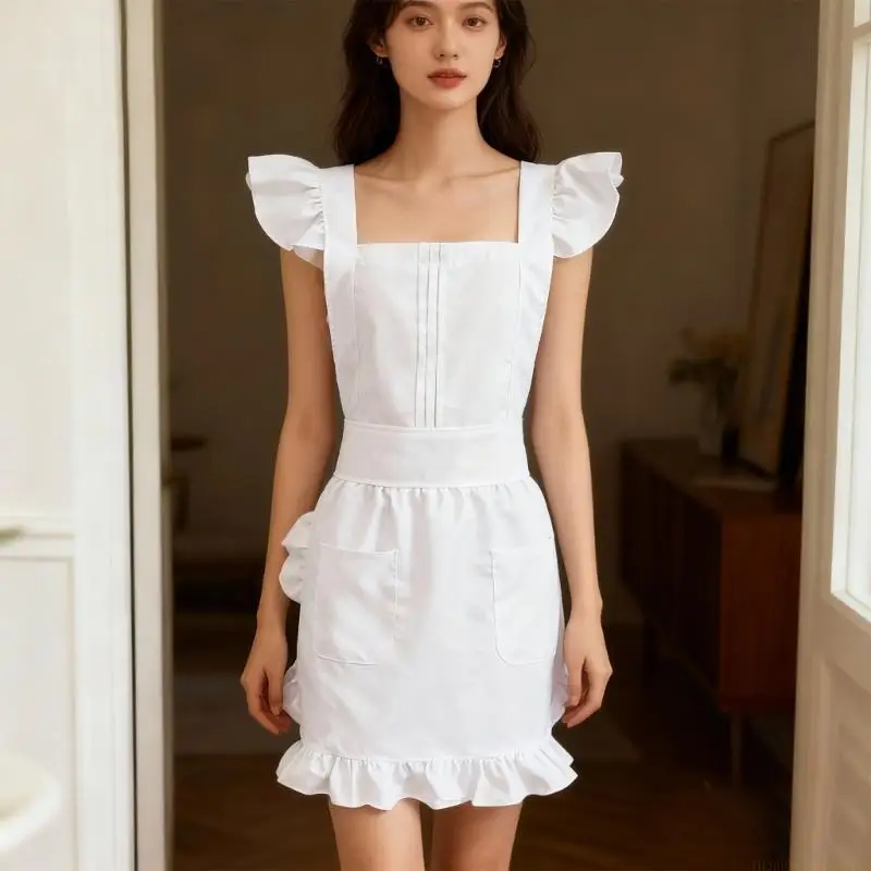 

31BF Стильный фартук горничной для косплея и домашнего использования с рюшами Мягкий полиэстер обеспечивает воздухопроницаемость