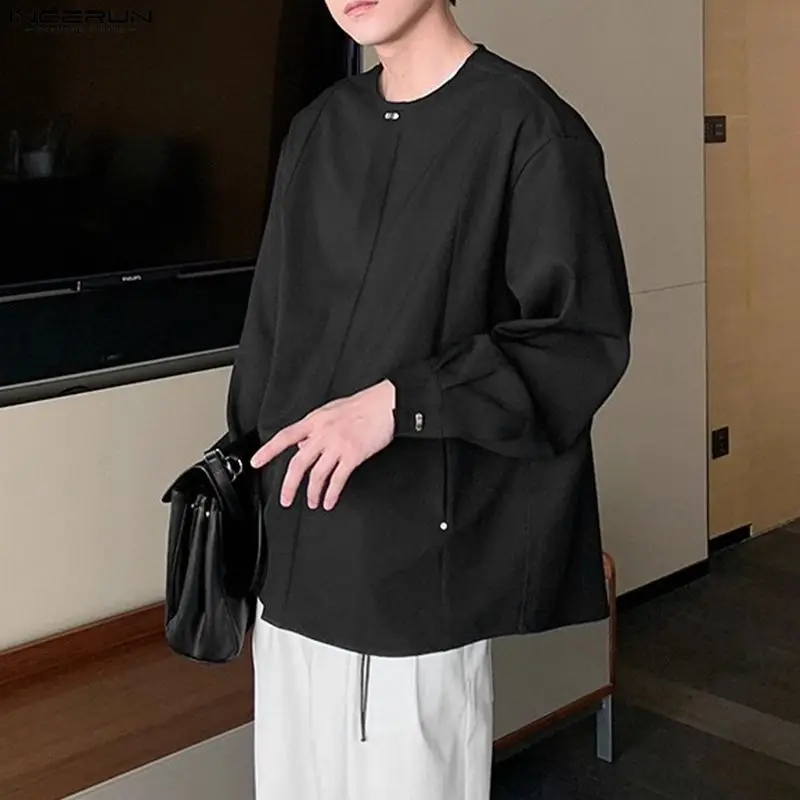 

INCERUN Мужская рубашка Сплошной цвет с круглым вырезом и длинным рукавом Повседневная мужская одежда Уличная одежда Свободная рубашка в корейском стиле Модные мужские топы S-5XL