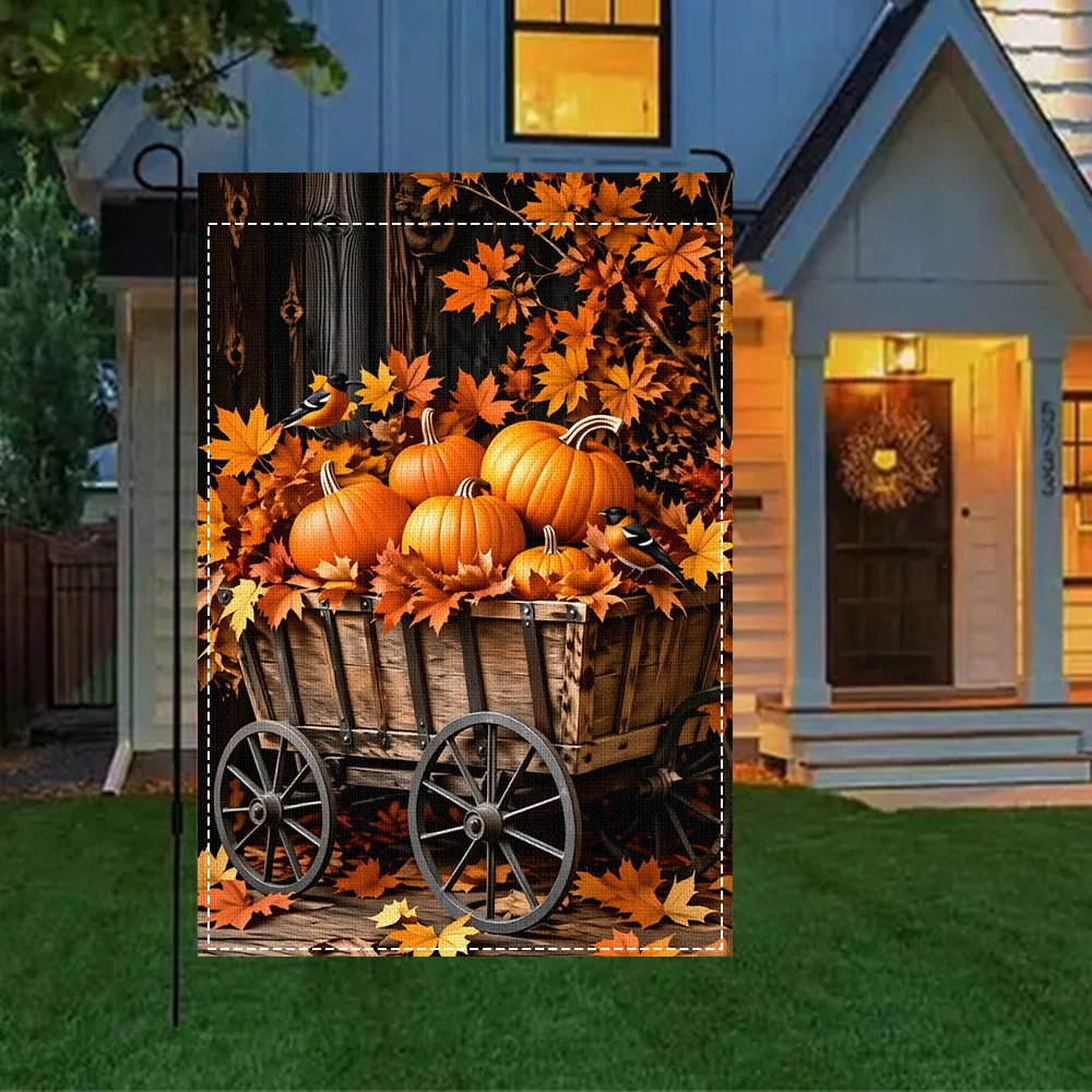 1pc Fall Harvest Pumpkin Cart Garden Flag, double sided print for fall patio and outdoor decor (pole not included)