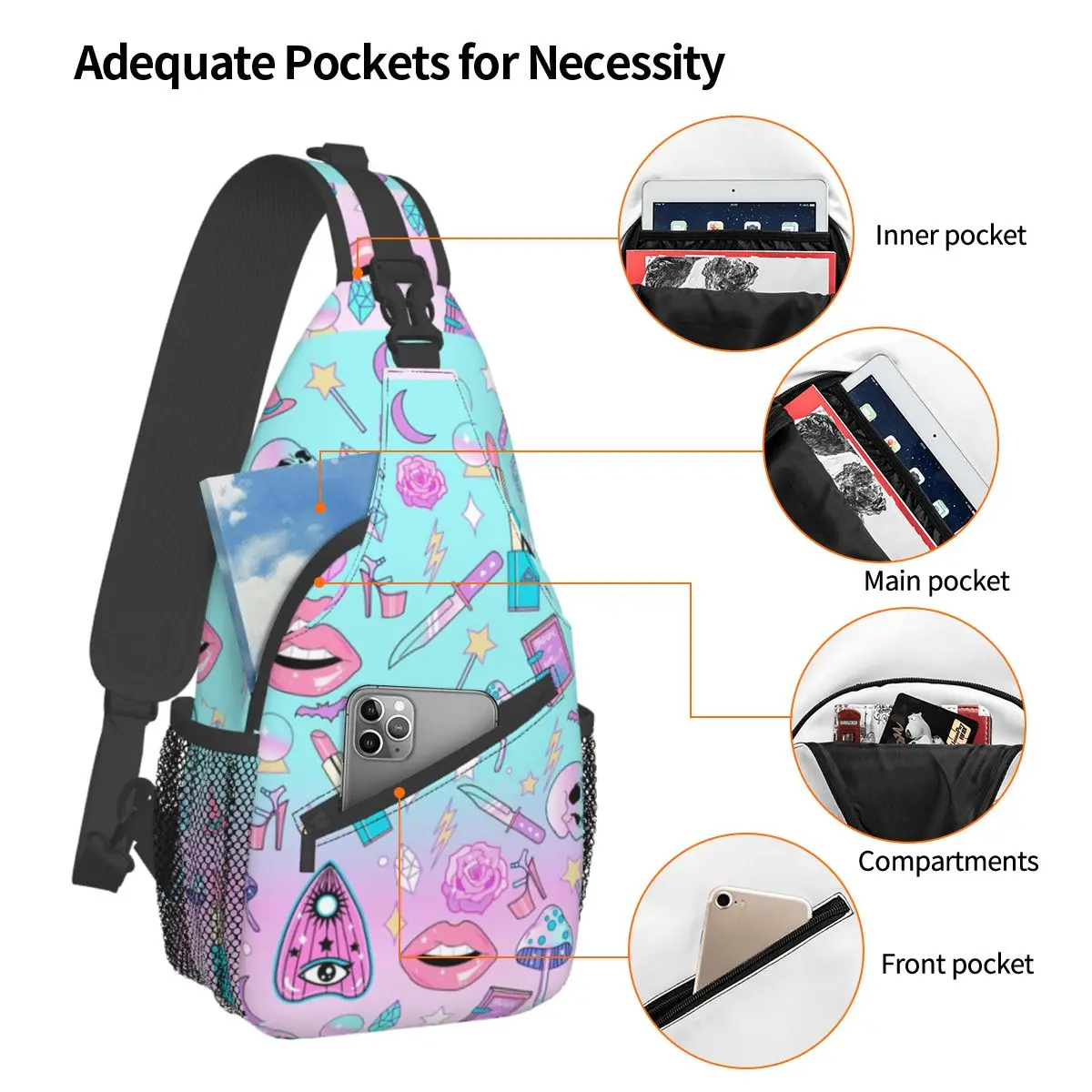 Girly Pastel Witch Sling Bags Chest Crossbody Shoulder Backpack Hiking Travel Daypacks Goth Pattern School Bags