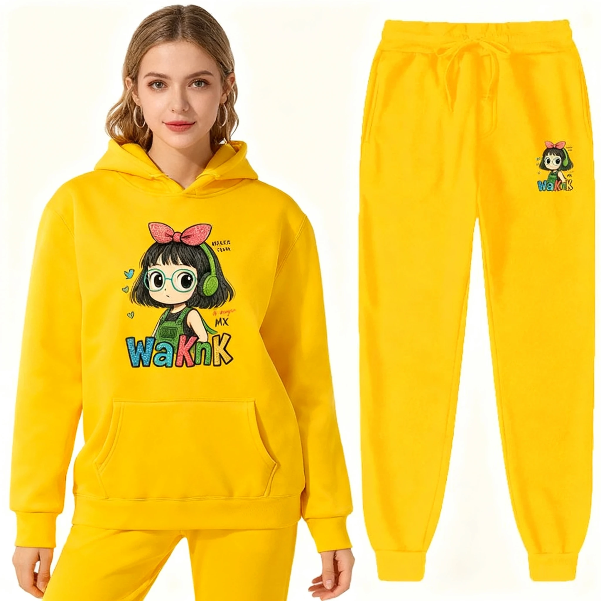 Ladies' Cozy Fleece-Lined Tracksuit Cartoon Printed Hoodie + Sweatpants, Skin-Friendly Outfit for Leisure