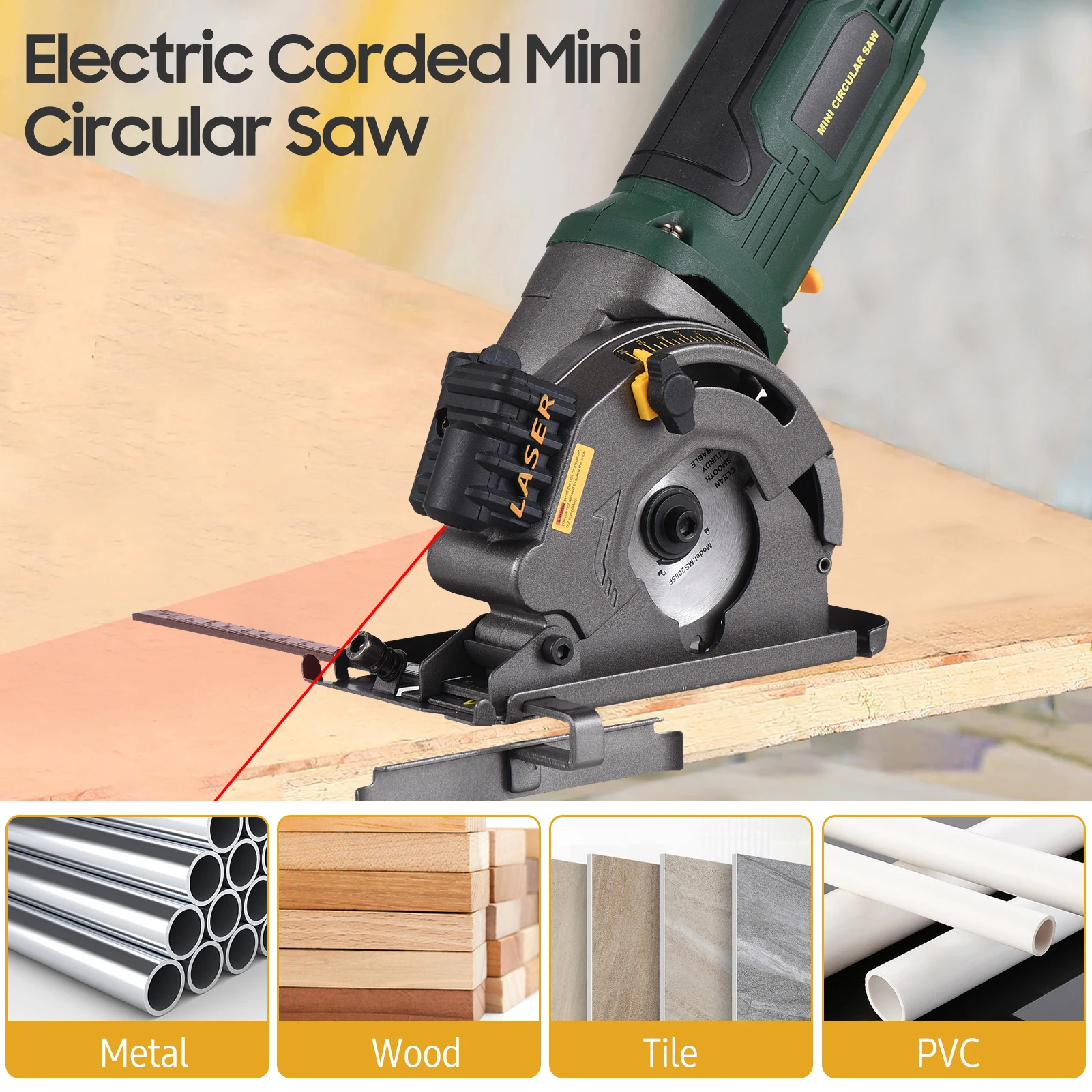 580W Mini Circular Saw Corded Electric Compact Circular Saw with Laser Guide Scale Ruler Vacuum Port 3 Blades for Cutting Wood