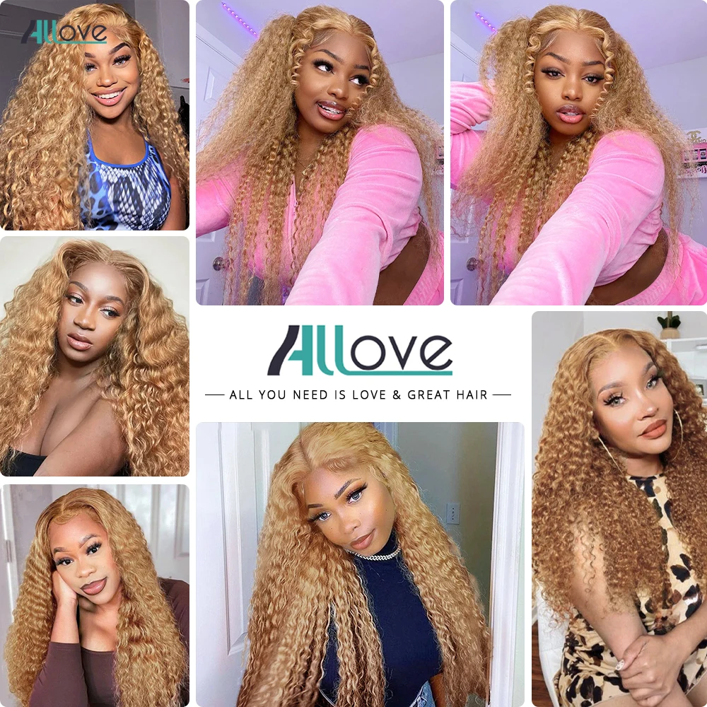 Allove Honey Blonde Deep Wave Wig 13x4 13x6 Transparent Lace Frontal Wigs For Women 27# Brown Colored Remy Human Curly Hair Wigs