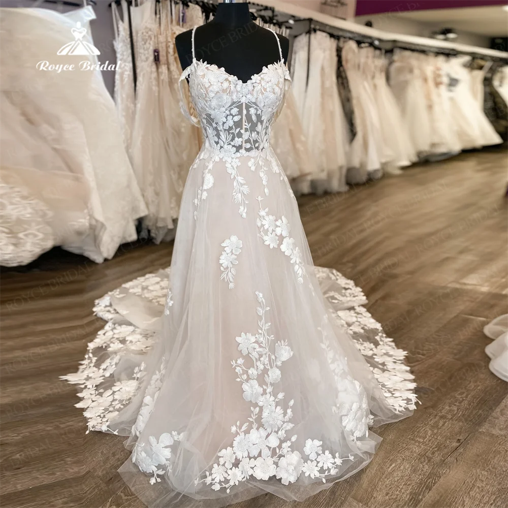 

Roycebridal A Line Wedding Dress Tulle Lace Floral Off Shoulder With Spaghetti Tiered Button Back Court Train فستان الزفاف